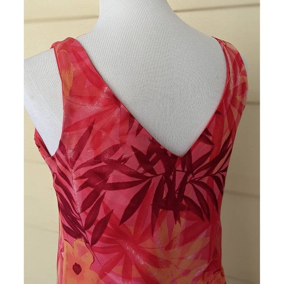 Flirty Orange Red Floral Sleeveless Summer Dress Low Back Stretch Sheer Tropical - Picture 8 of 8